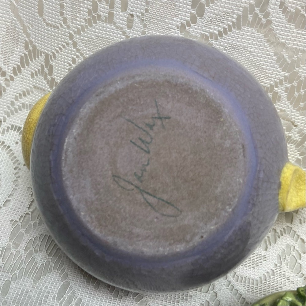 Antique, Rare, Heavy Ceramic Purple-Yellow Teapot with Green Floral Lid