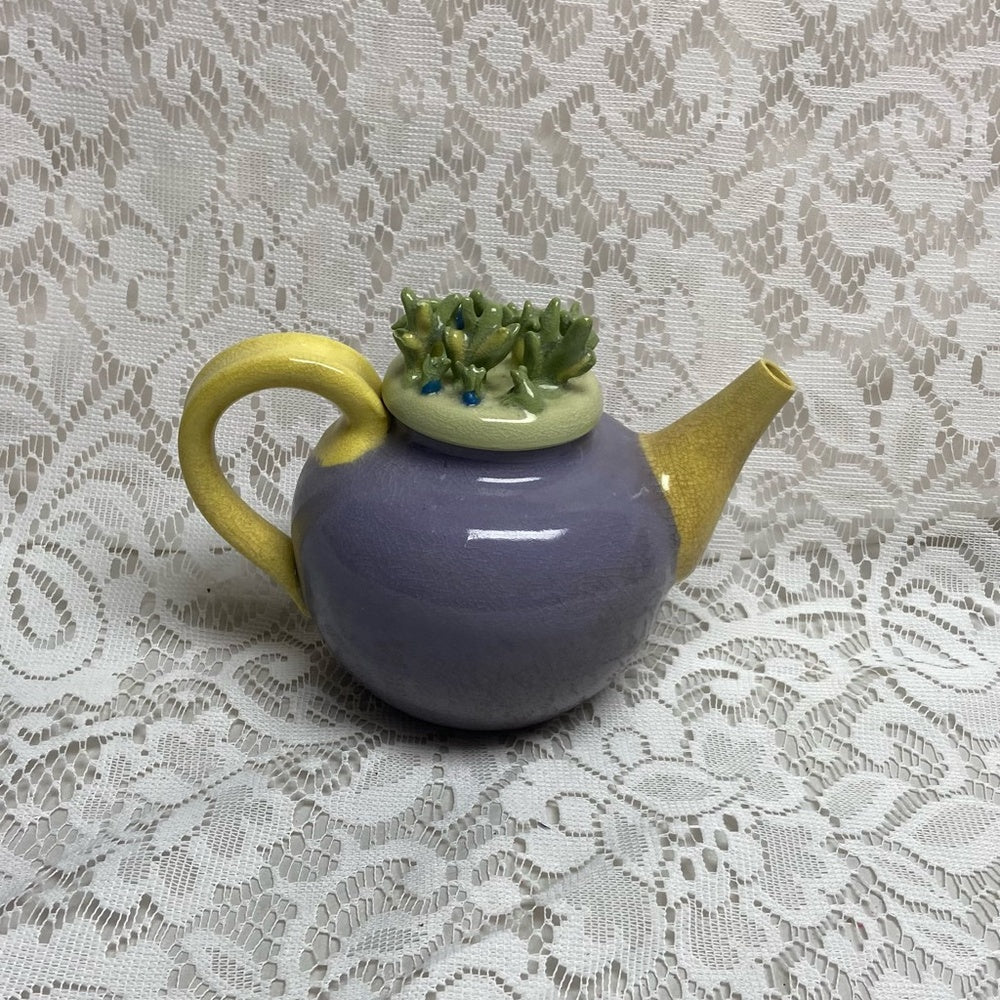 Antique, Rare, Heavy Ceramic Purple-Yellow Teapot with Green Floral Lid