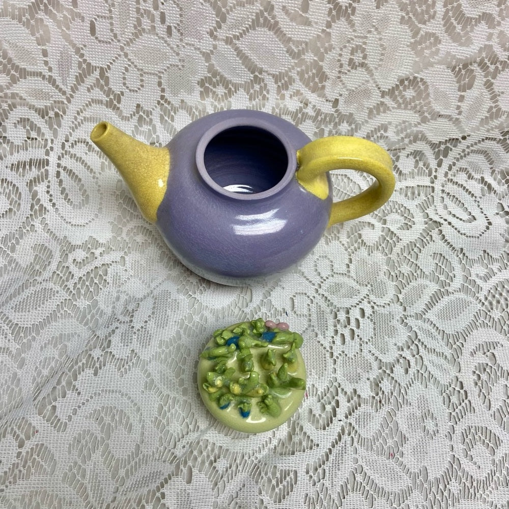 Antique, Rare, Heavy Ceramic Purple-Yellow Teapot with Green Floral Lid