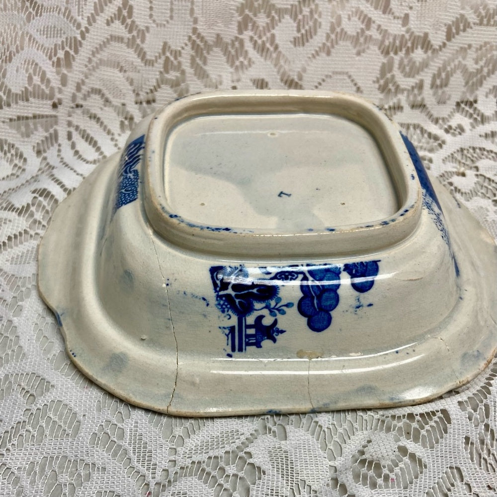 Antique, Broken Treasure, Blue Willow Vegetable Bowl 2.5in x 9.5in x 8.5in