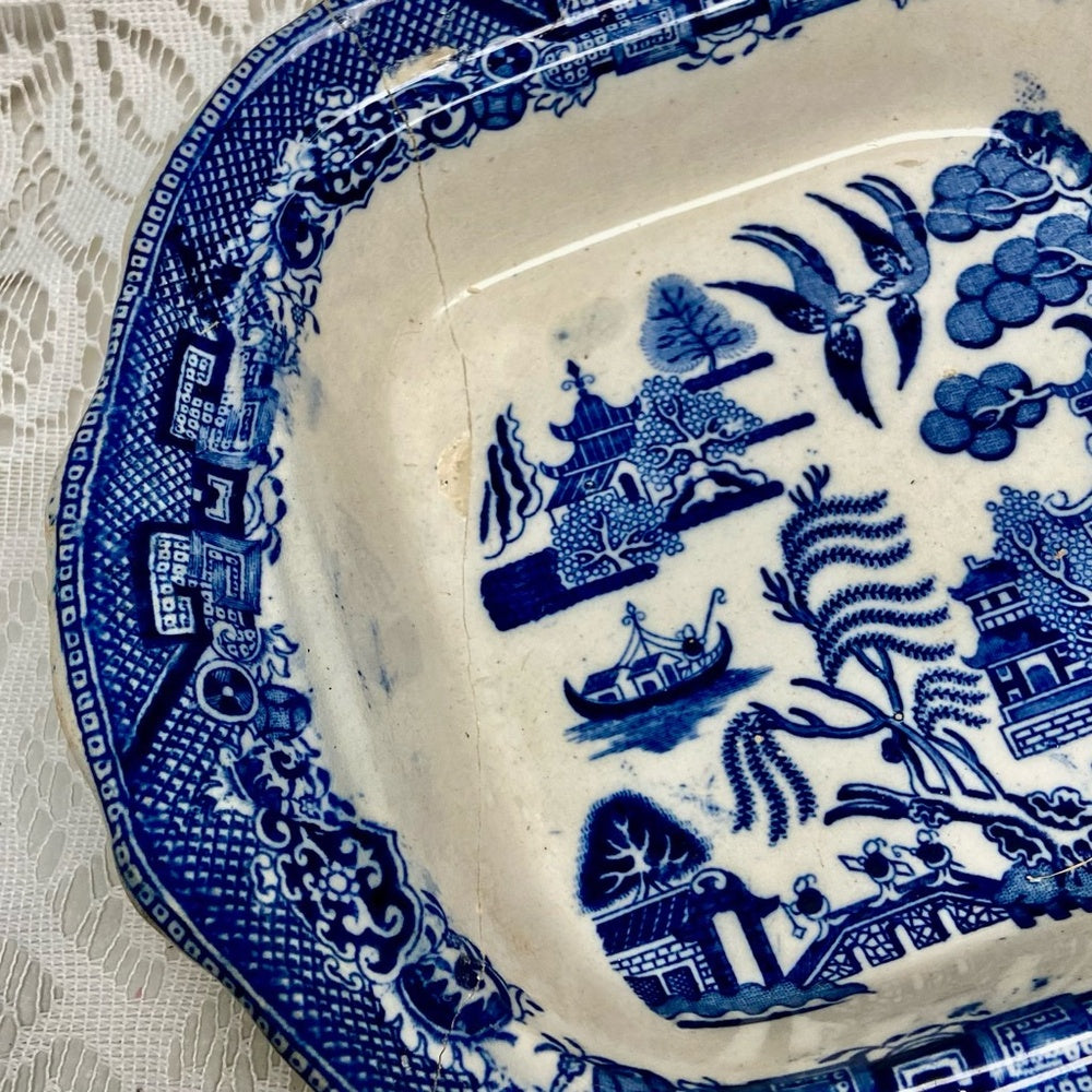 Antique, Broken Treasure, Blue Willow Vegetable Bowl 2.5in x 9.5in x 8.5in