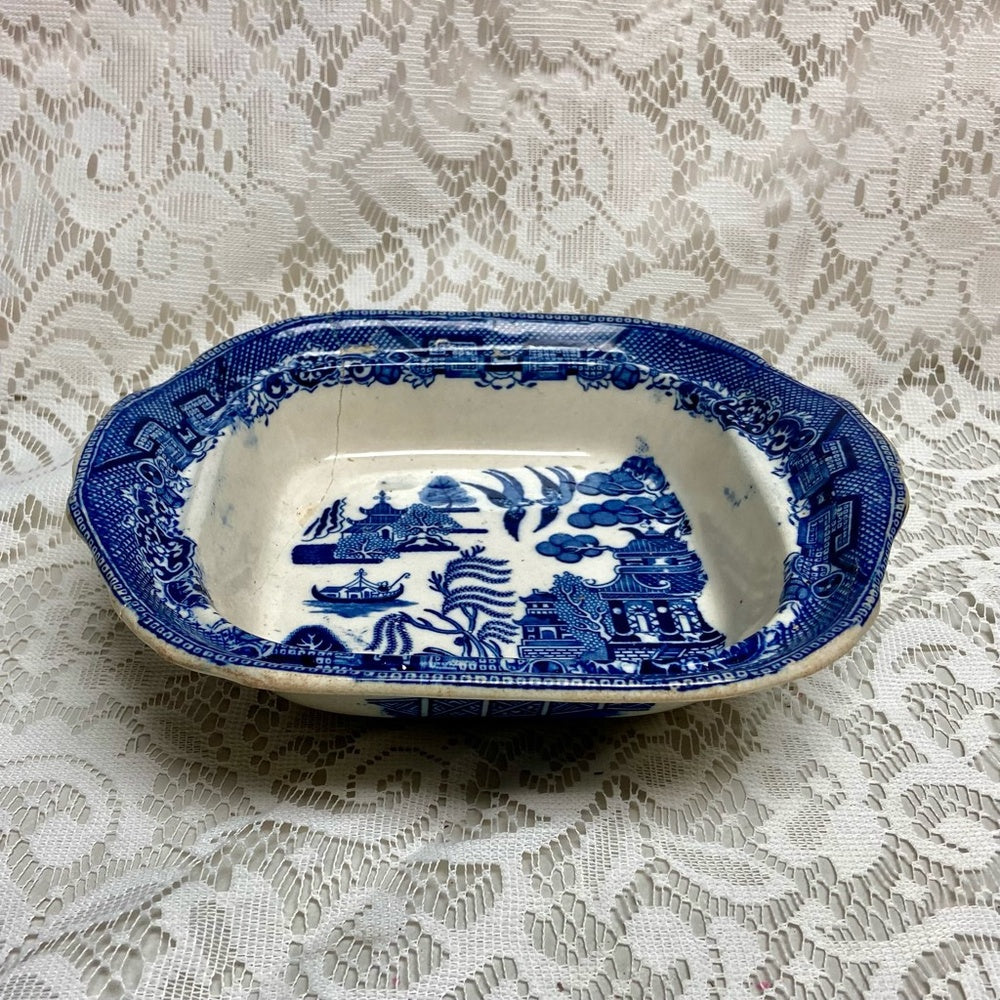 Antique, Broken Treasure, Blue Willow Vegetable Bowl 2.5in x 9.5in x 8.5in