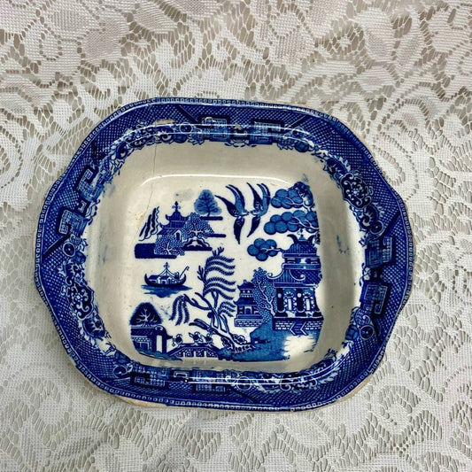 Antique, Broken Treasure, Blue Willow Vegetable Bowl 2.5in x 9.5in x 8.5in