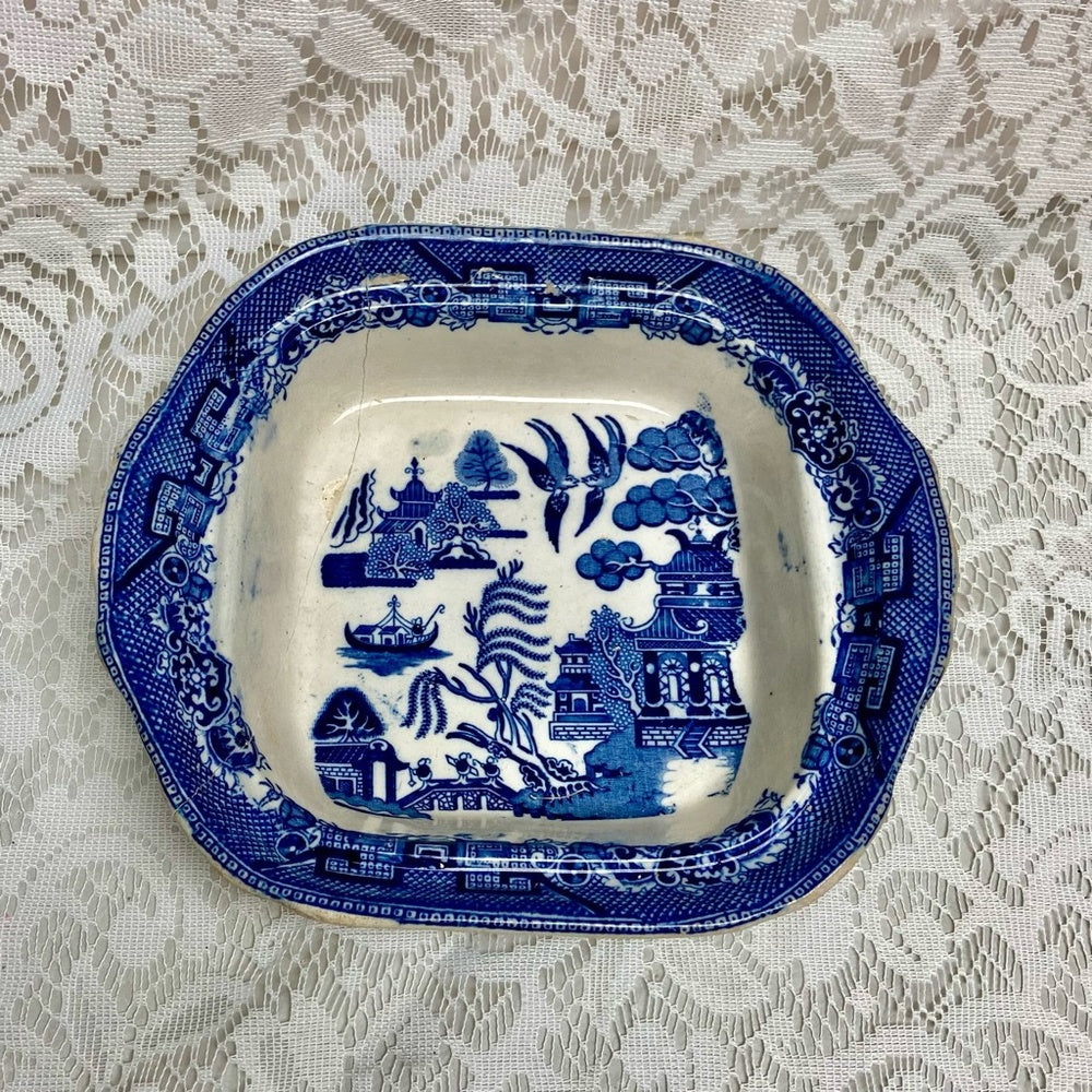 Antique, Broken Treasure, Blue Willow Vegetable Bowl 2.5in x 9.5in x 8.5in