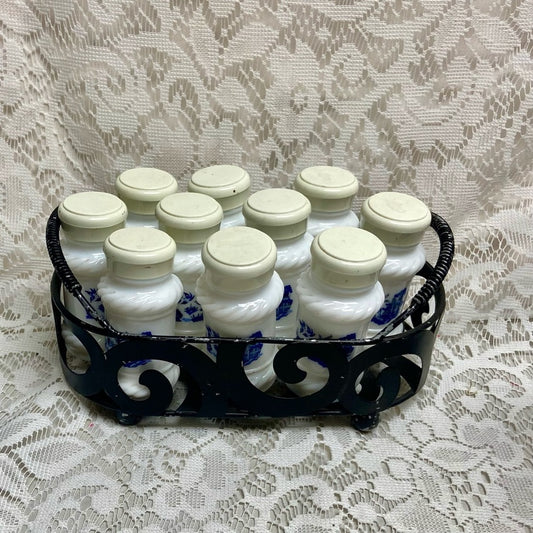 Vintage, 10-pc Blue Willow Milk Glass Shaker Set with Metal Rack.