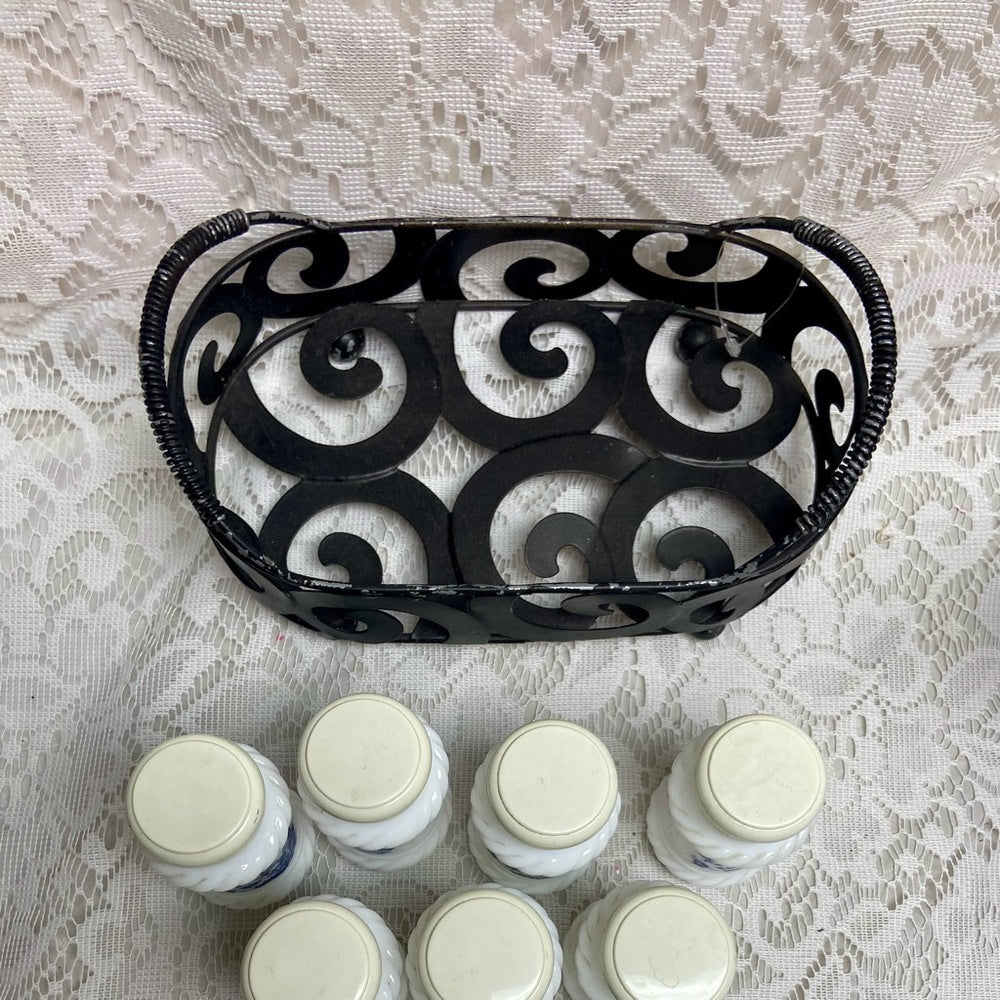 Vintage, 10-pc Blue Willow Milk Glass Shaker Set with Metal Rack.