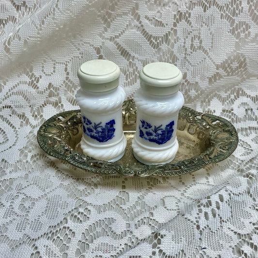 Vintage, 3-pc Blue Willow Milk Glass Shaker Set with Silver Plated tray