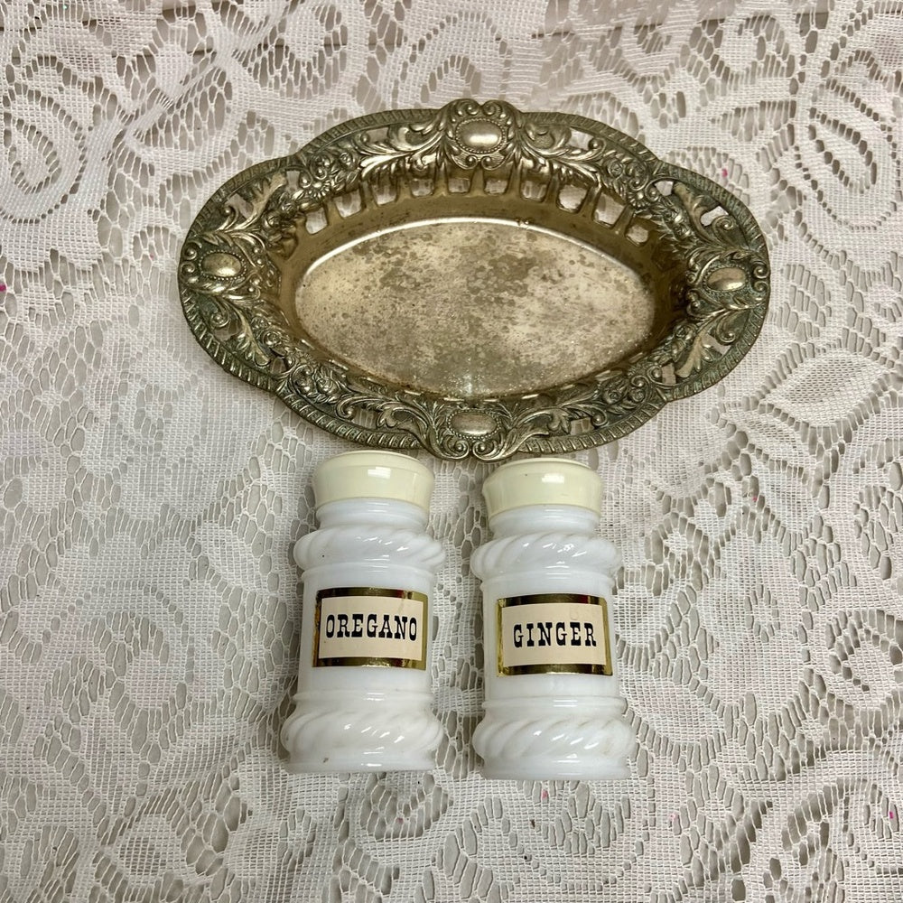Vintage, 3-pc Blue Willow Milk Glass Shaker Set with Silver Plated tray
