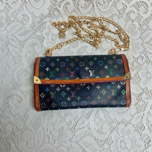 Vintage Authentic Louis Vuitton Black Mono Tri-fold Long Wallet -Crossbody