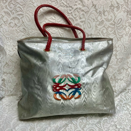 Authentic Loewe, Metallic Blue-Gray Fabric Large Tote- 17in x 14in x 5.5in