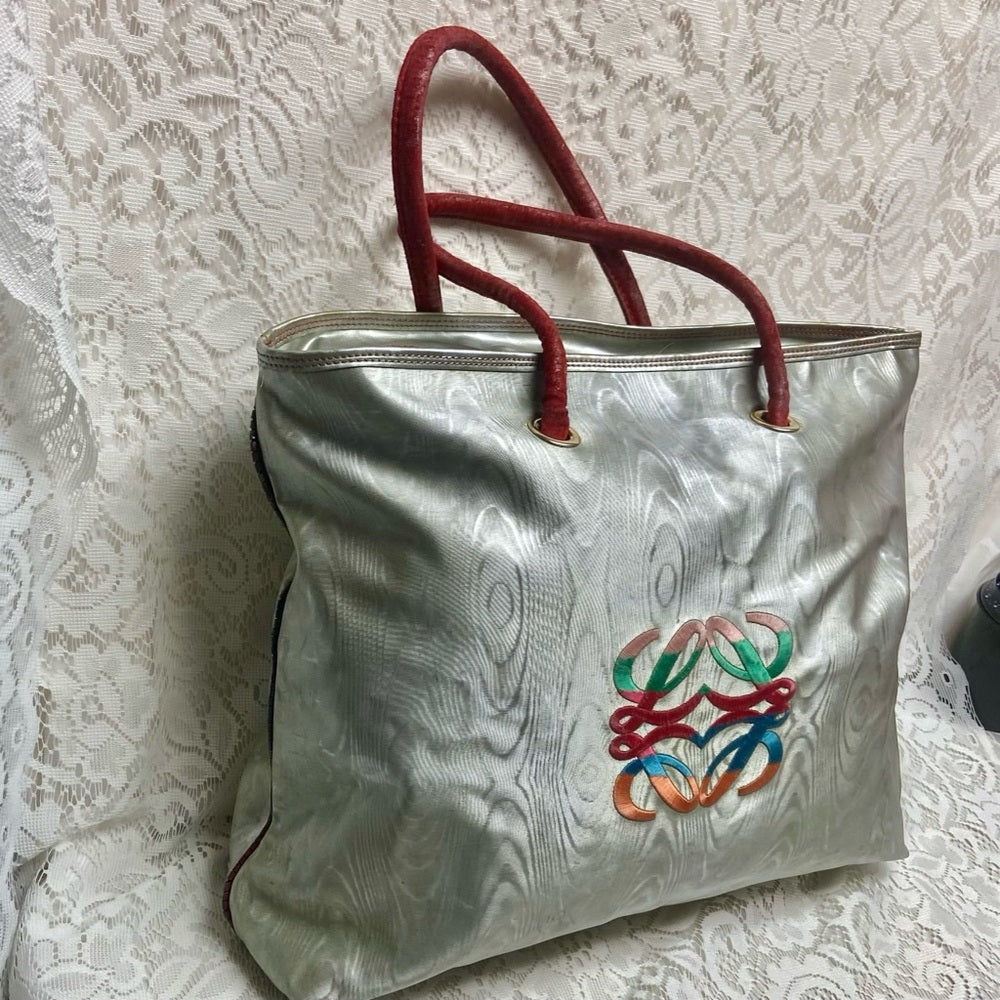 Authentic Loewe, Metallic Blue-Gray Fabric Large Tote- 17in x 14in x 5.5in
