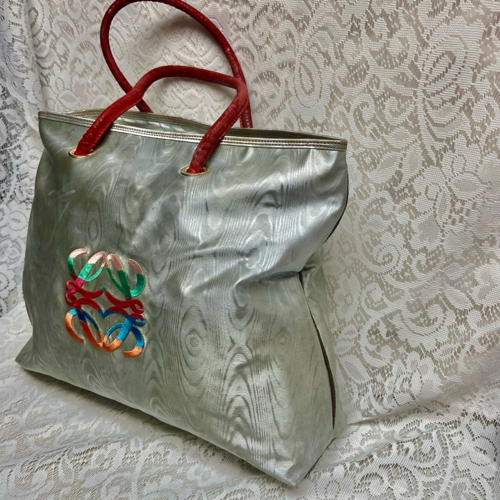 Authentic Loewe, Metallic Blue-Gray Fabric Large Tote- 17in x 14in x 5.5in