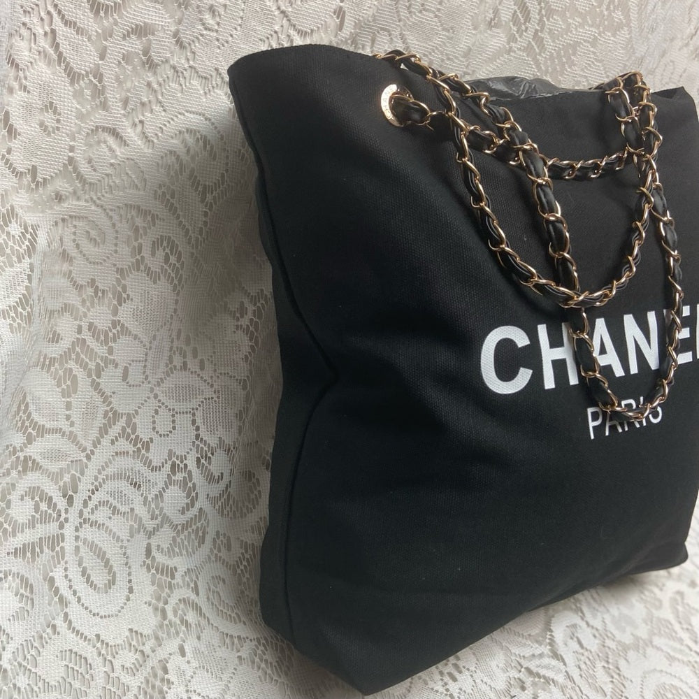 Chanel Black Denim-Canvas Shoulder Bag-Tote 15in x 13in x 4in
