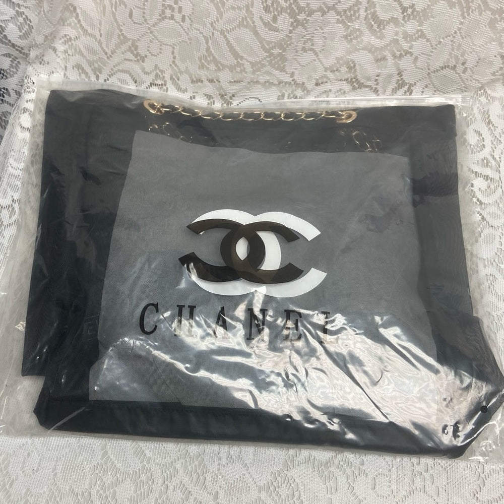 Chanel Black Sheer Nylon Shoulder Bag-Tote with Cosmetic Pouch 14in x 14in x 4in
