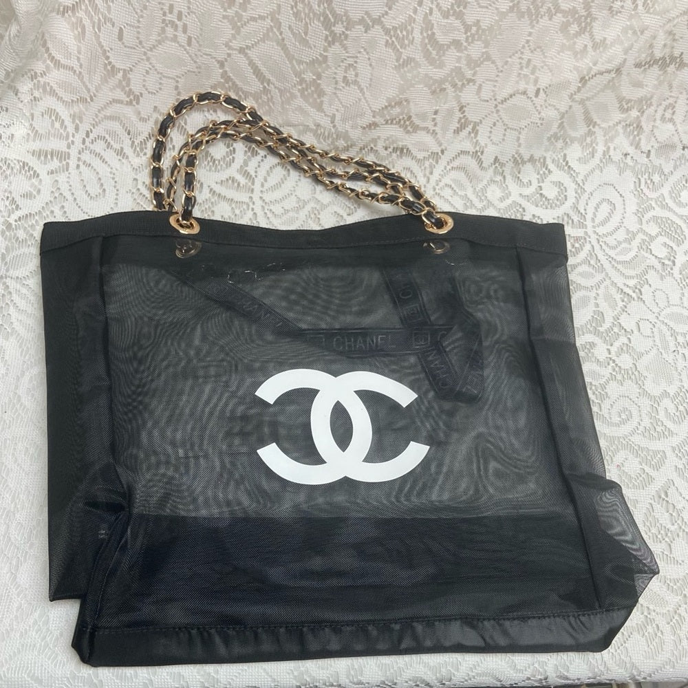 Chanel Black Sheer Nylon Shoulder Bag-Tote with Cosmetic Pouch 14in x 14in x 4in