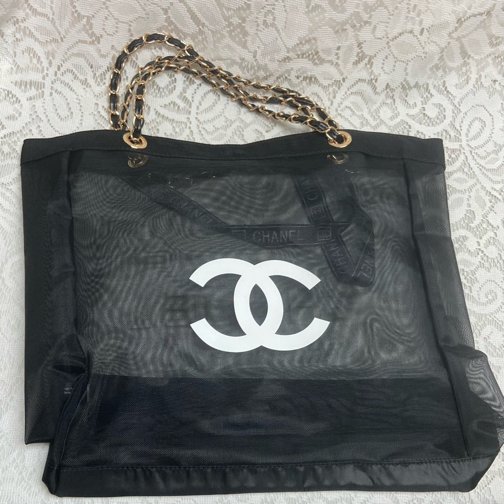 Chanel Black Sheer Nylon Shoulder Bag-Tote with Cosmetic Pouch 14in x 14in x 4in