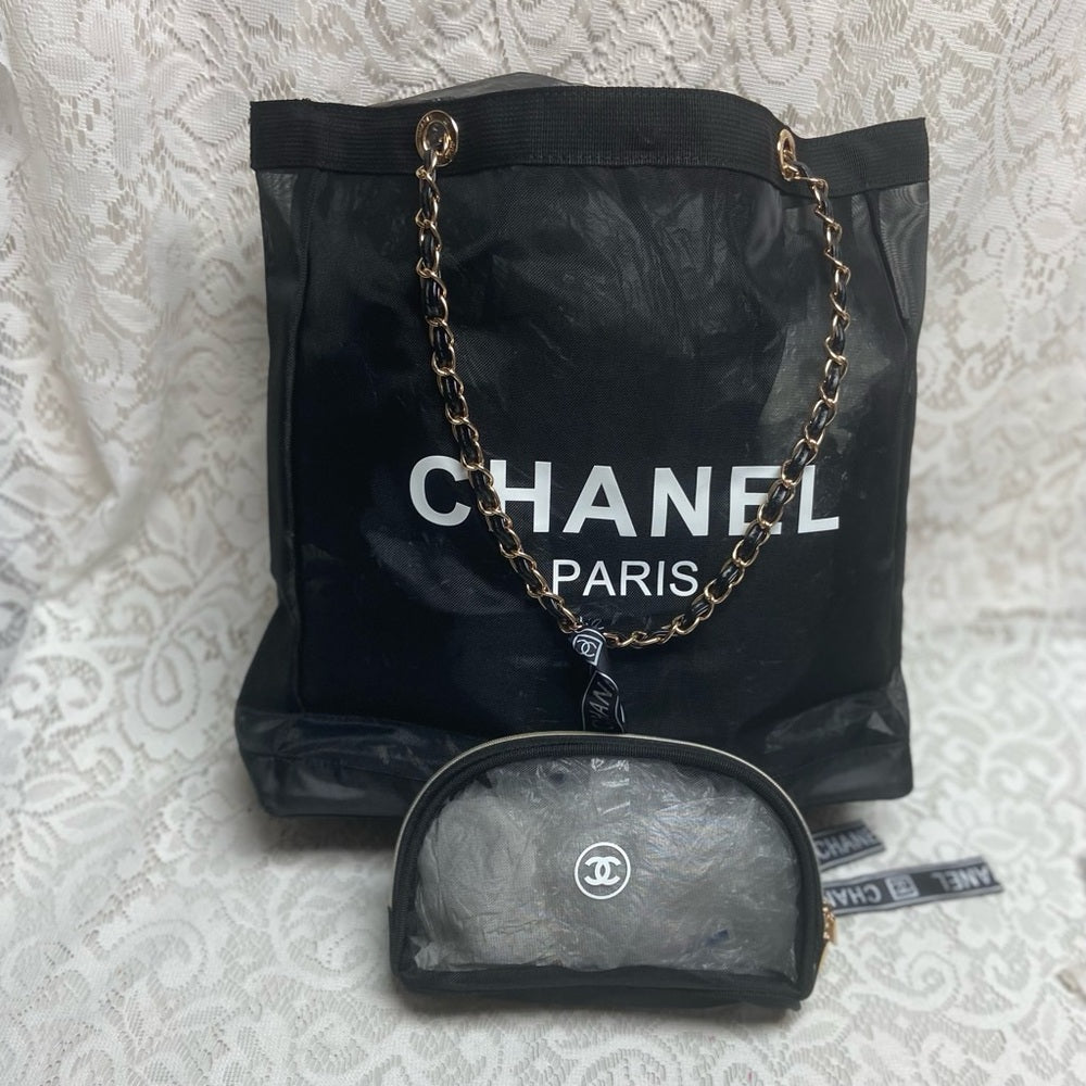 Chanel Black Sheer Nylon Shoulder Bag-Tote with Cosmetic Pouch 14in x 14in x 4in