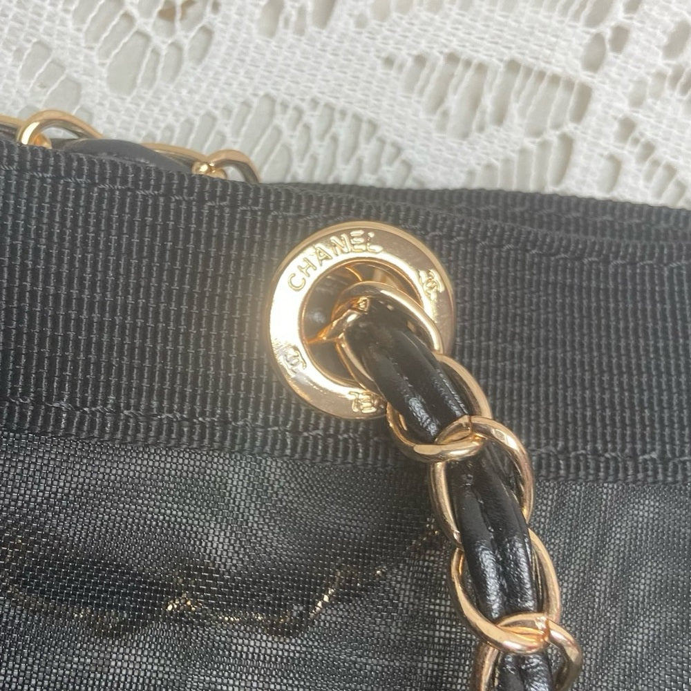 Chanel Black Sheer Nylon Shoulder Bag-Tote with Cosmetic Pouch 14in x 14in x 4in