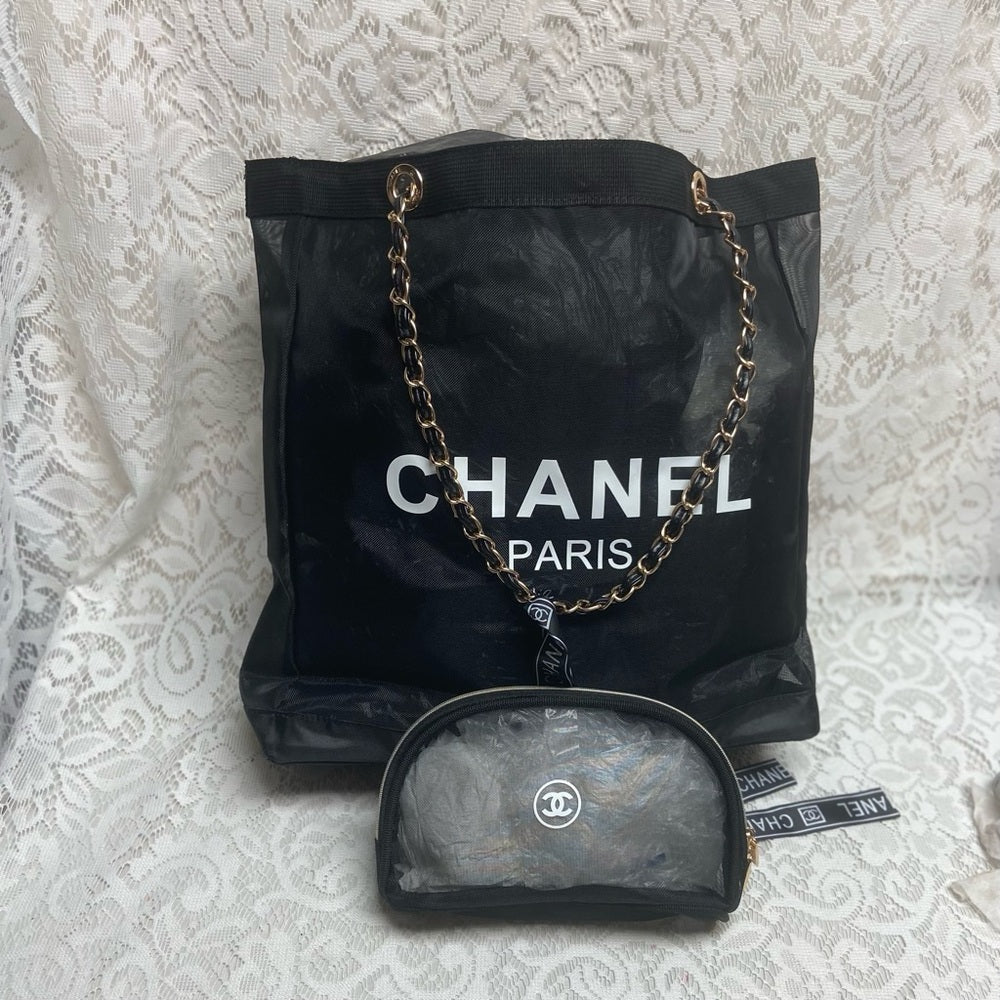 Chanel Black Sheer Nylon Shoulder Bag-Tote with Cosmetic Pouch 14in x 14in x 4in