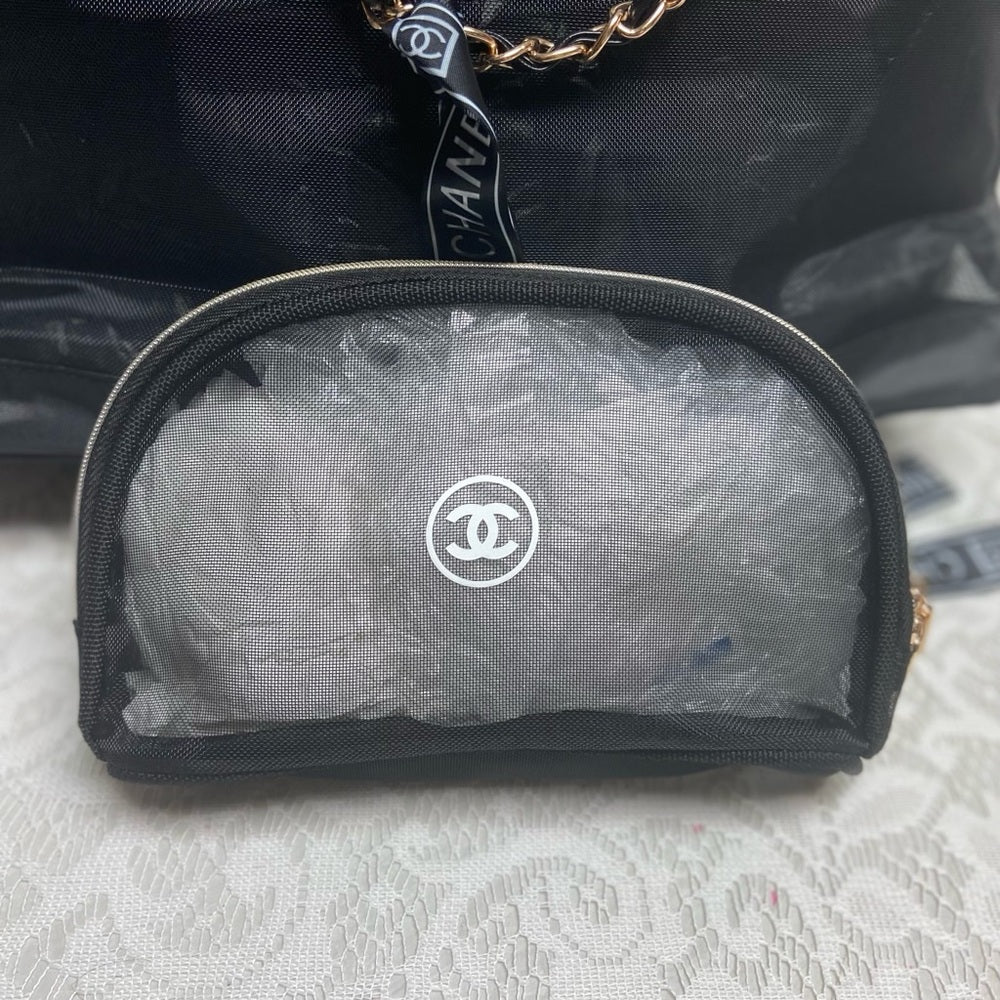Chanel Black Sheer Nylon Shoulder Bag-Tote with Cosmetic Pouch 14in x 14in x 4in