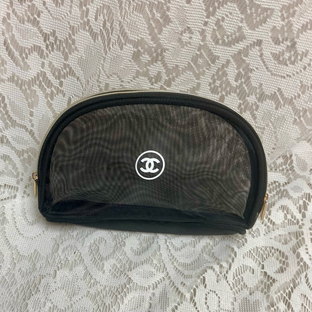 Chanel Black Sheer Nylon Shoulder Bag-Tote with Cosmetic Pouch 14in x 14in x 4in