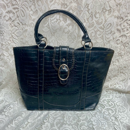 Vintage, Emilie M, Large, Black Faux Croc Leather Tote Handbag 13in x 12in x 6in