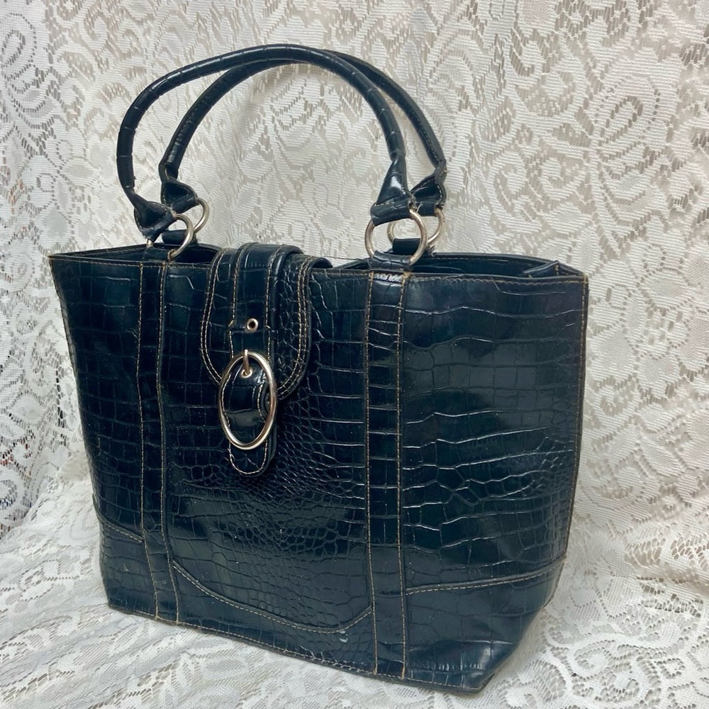 Vintage, Emilie M, Large, Black Faux Croc Leather Tote Handbag 13in x 12in x 6in