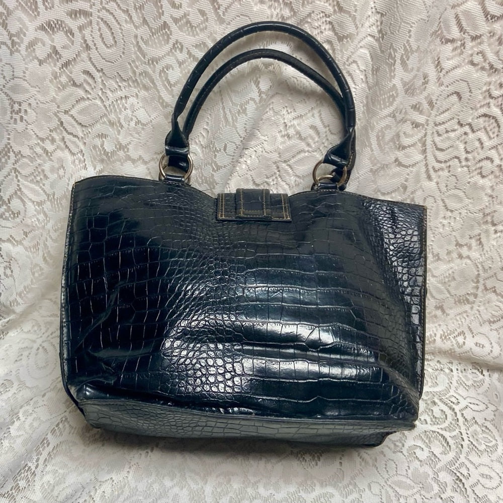 Vintage, Emilie M, Large, Black Faux Croc Leather Tote Handbag 13in x 12in x 6in