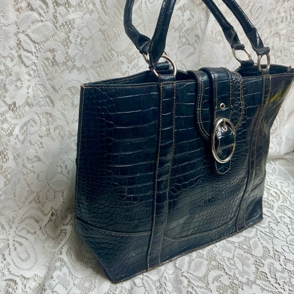 Vintage, Emilie M, Large, Black Faux Croc Leather Tote Handbag 13in x 12in x 6in