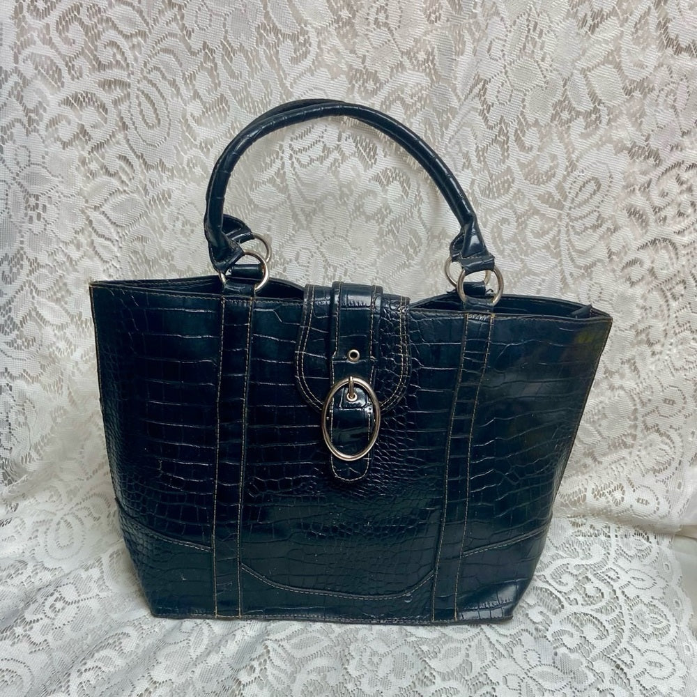 Vintage, Emilie M, Large, Black Faux Croc Leather Tote Handbag 13in x 12in x 6in