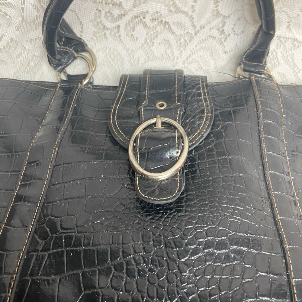 Vintage, Emilie M, Large, Black Faux Croc Leather Tote Handbag 13in x 12in x 6in