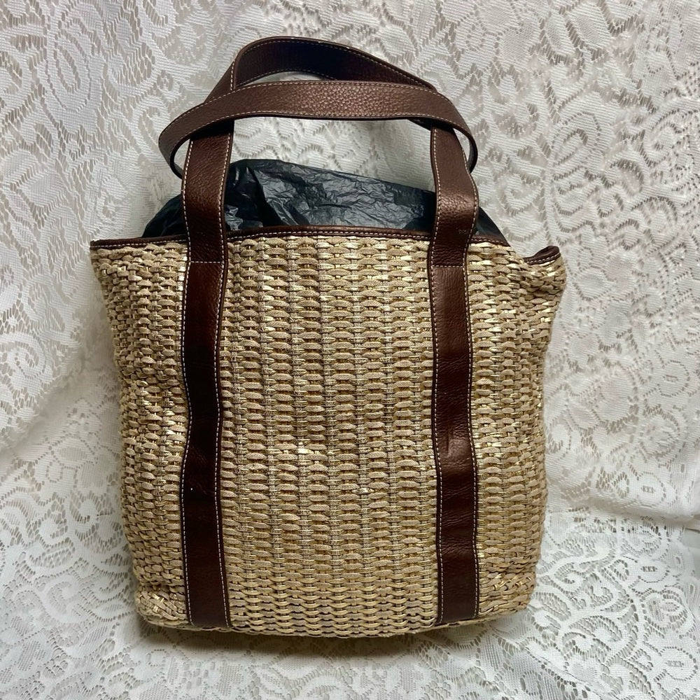 Lands End Large, Gold Woven Leather Tote Handbag 12in x 12in x 5.5in