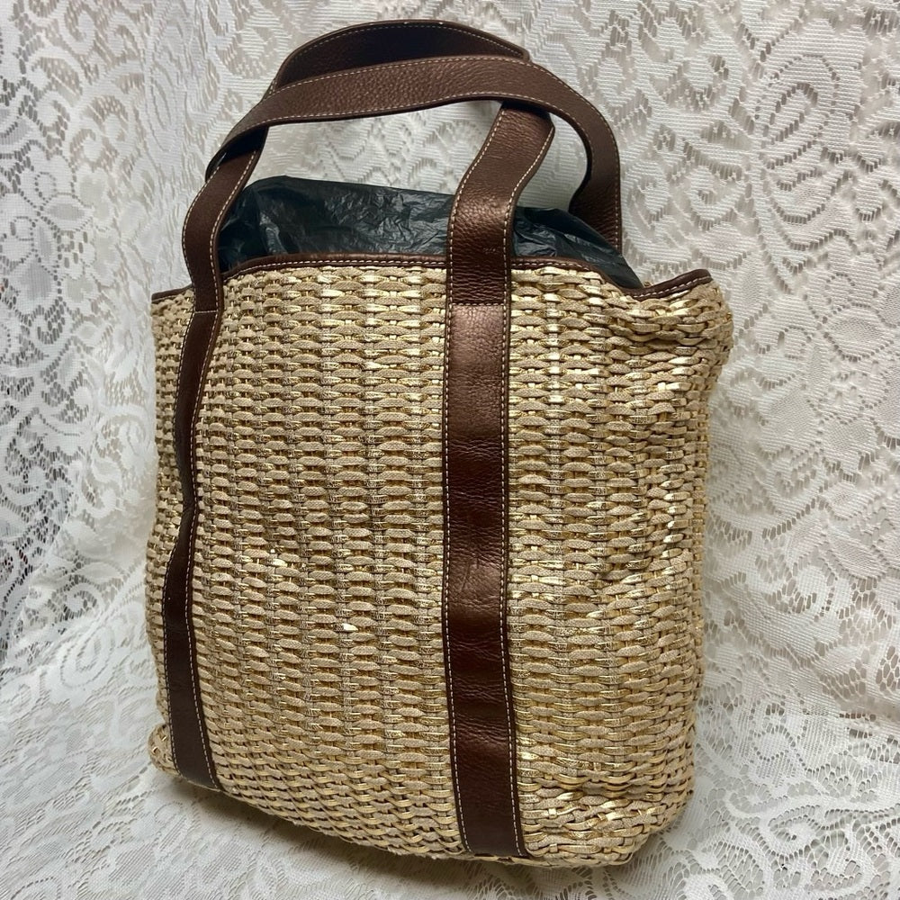 Lands End Large, Gold Woven Leather Tote Handbag 12in x 12in x 5.5in
