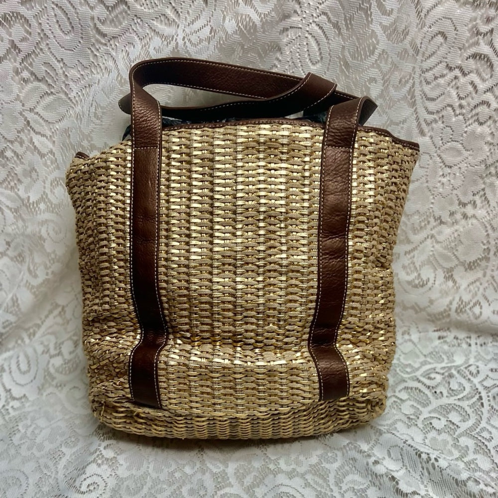 Lands End Large, Gold Woven Leather Tote Handbag 12in x 12in x 5.5in