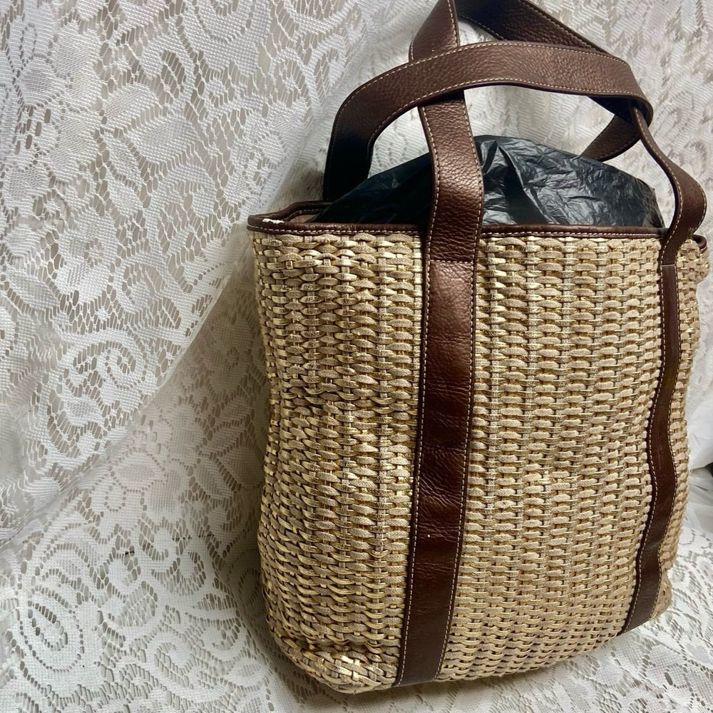 Lands End Large, Gold Woven Leather Tote Handbag 12in x 12in x 5.5in