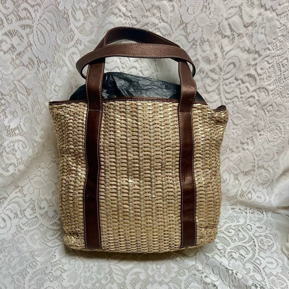 Lands End Large, Gold Woven Leather Tote Handbag 12in x 12in x 5.5in