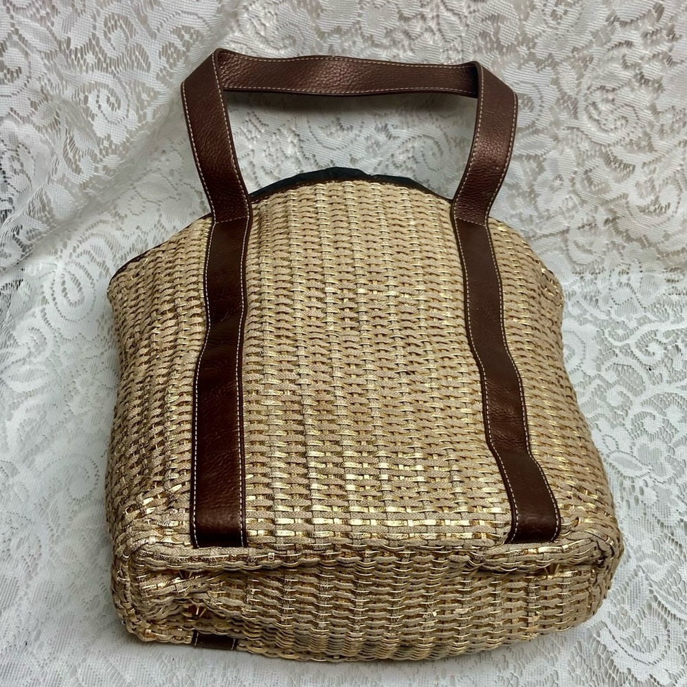 Lands End Large, Gold Woven Leather Tote Handbag 12in x 12in x 5.5in
