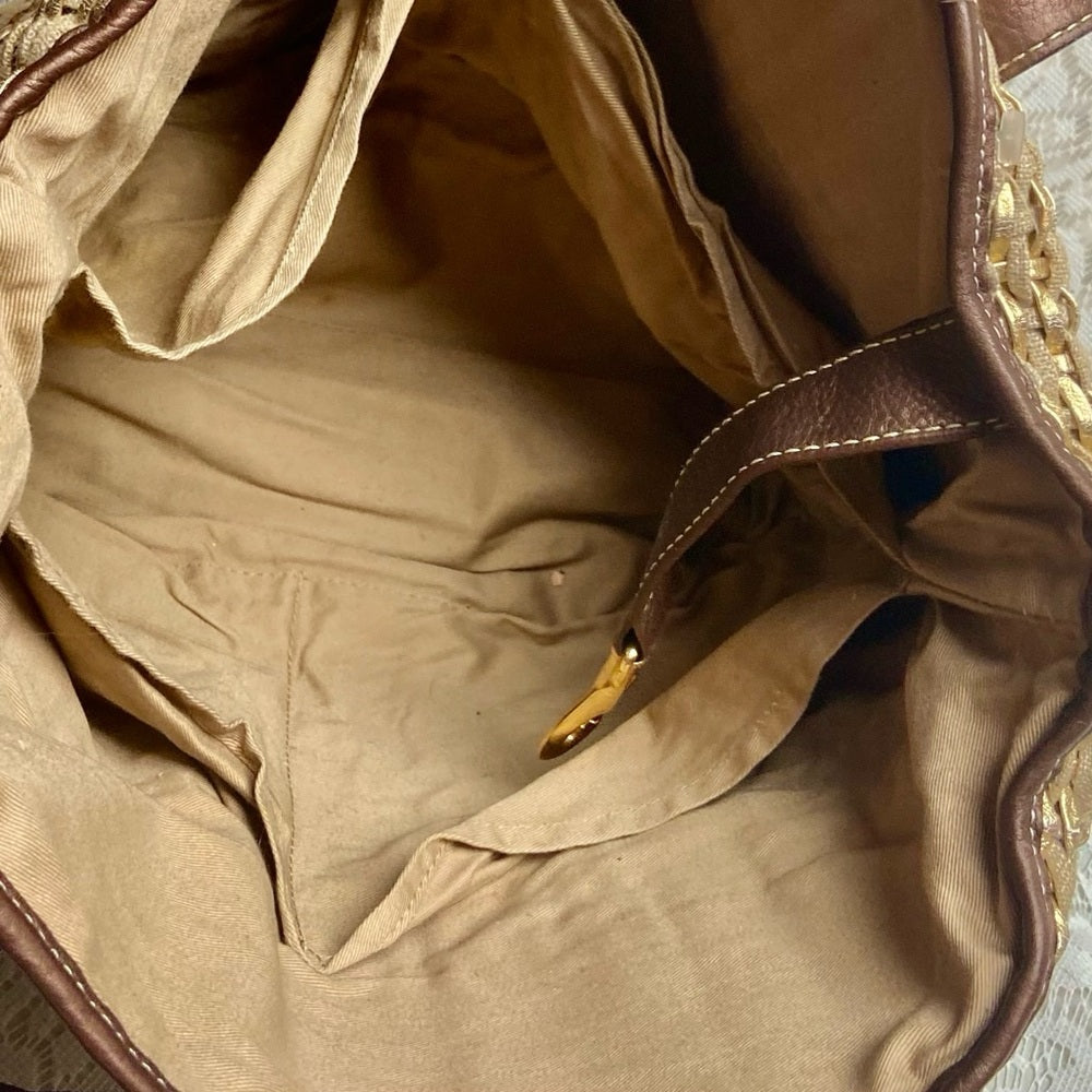 Lands End Large, Gold Woven Leather Tote Handbag 12in x 12in x 5.5in