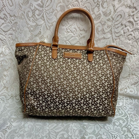 Vintage, DKNY Brown Mono Canvas Tote Handbag 14in x 11in x 6in