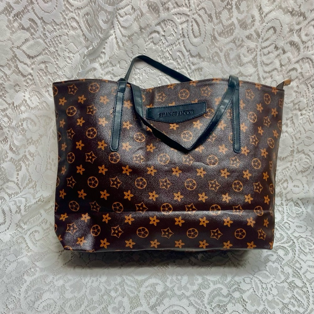 Large, Brown Floral Tote Handbag 13in x 12in x 5in