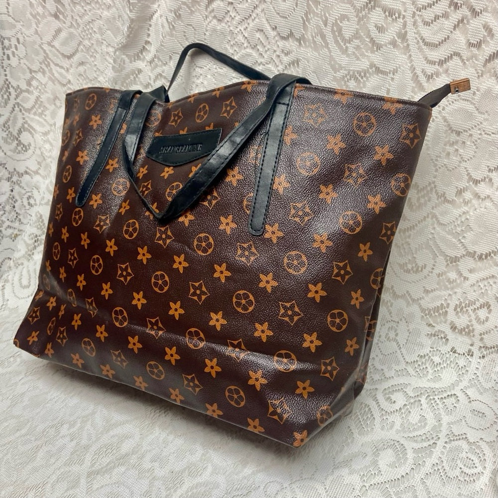 Large, Brown Floral Tote Handbag 13in x 12in x 5in