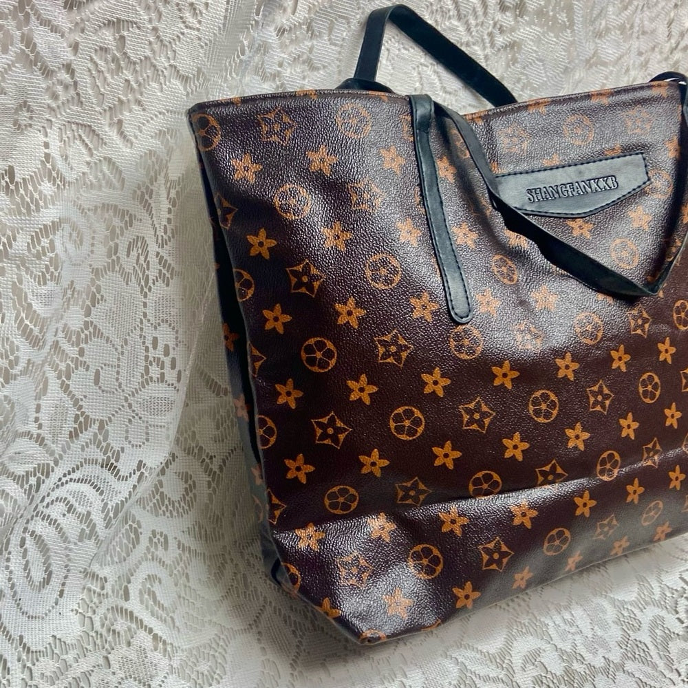 Large, Brown Floral Tote Handbag 13in x 12in x 5in