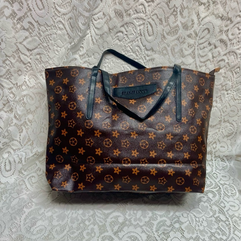 Large, Brown Floral Tote Handbag 13in x 12in x 5in