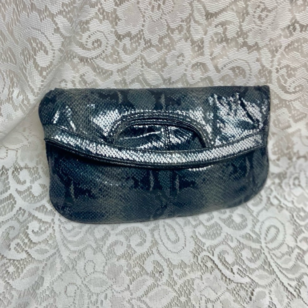 Vintage, Nine West Gray Faux Snakeskin Leather Clutch-Tote 13in x 12in