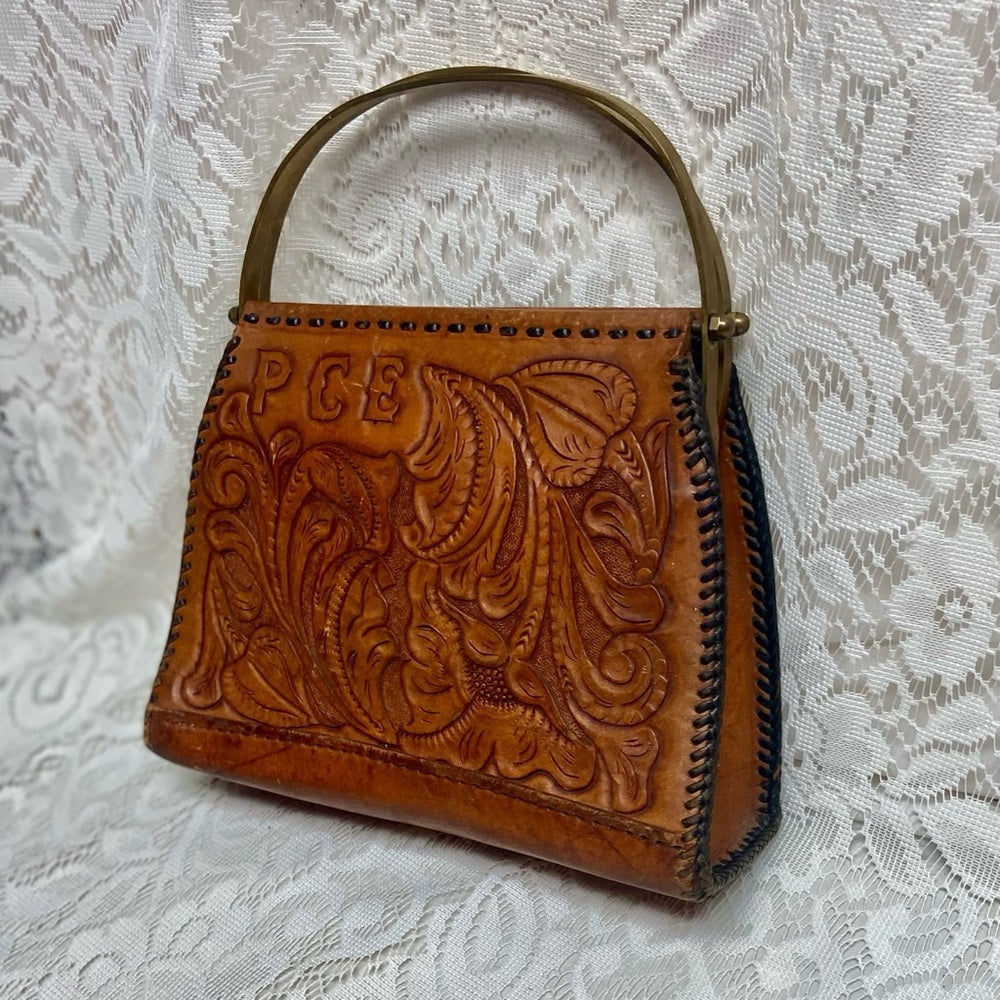 Vintage, PCE Genuine Brown FloralTooled Leather  Handbag 10in x 7in x 3in