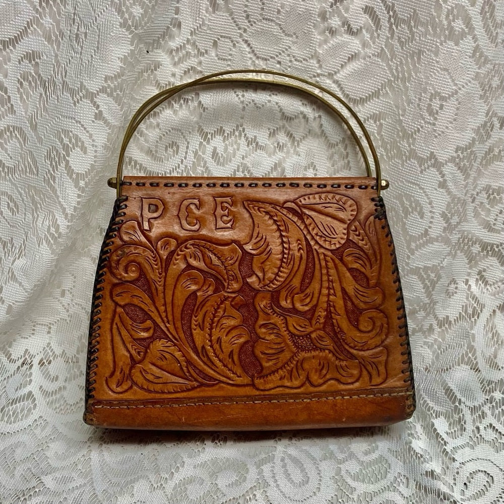 Vintage, PCE Genuine Brown FloralTooled Leather  Handbag 10in x 7in x 3in