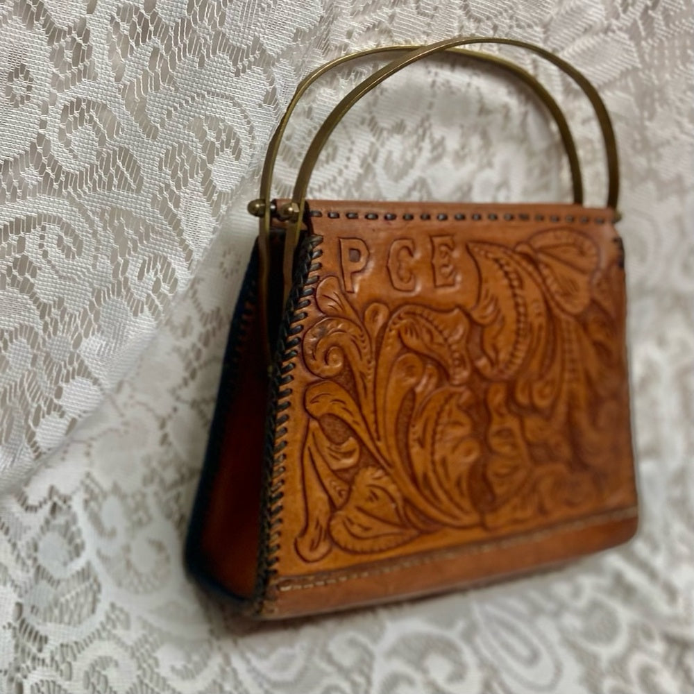 Vintage, PCE Genuine Brown FloralTooled Leather  Handbag 10in x 7in x 3in