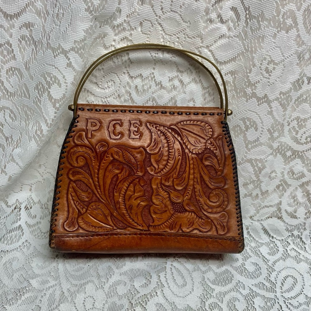 Vintage, PCE Genuine Brown FloralTooled Leather  Handbag 10in x 7in x 3in