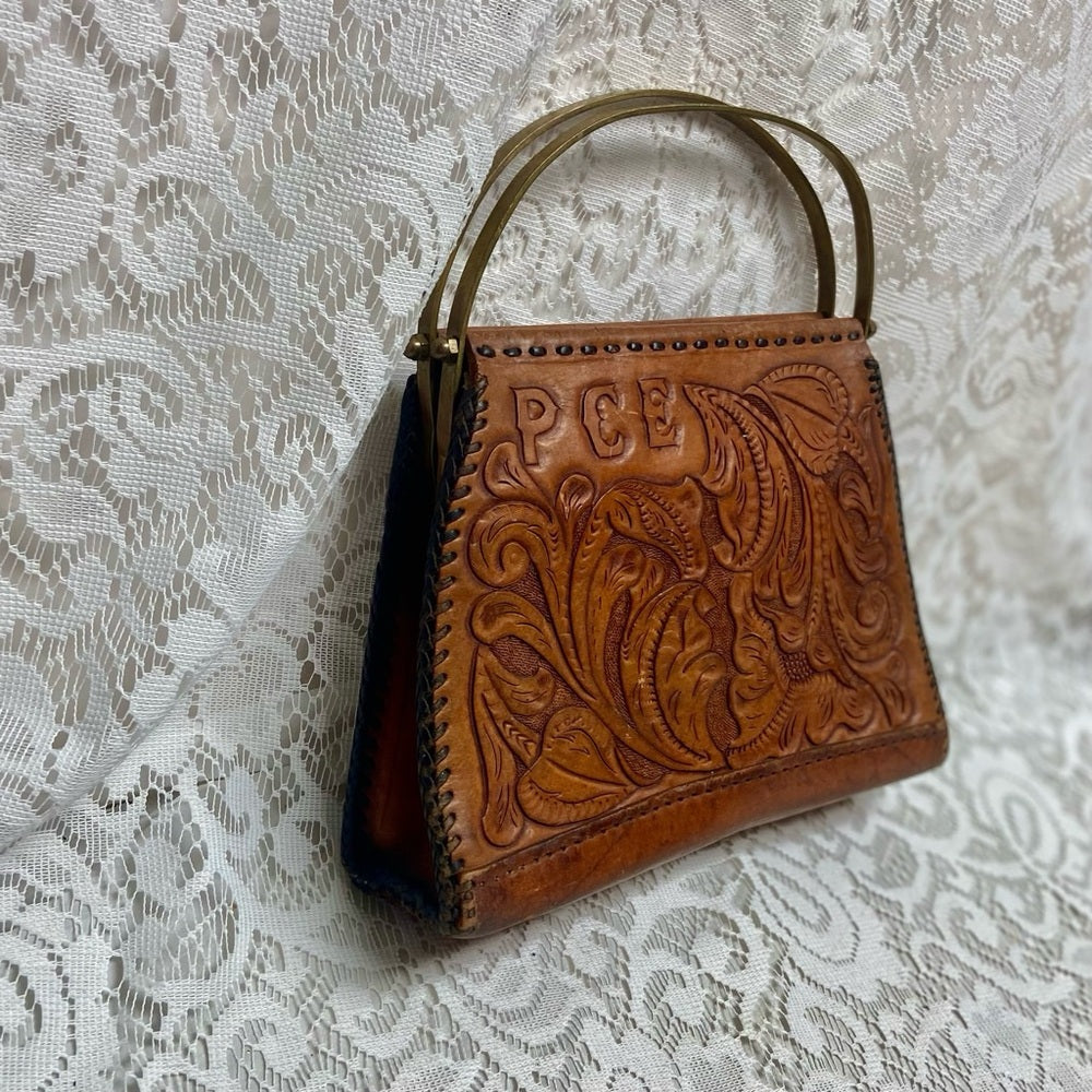 Vintage, PCE Genuine Brown FloralTooled Leather  Handbag 10in x 7in x 3in