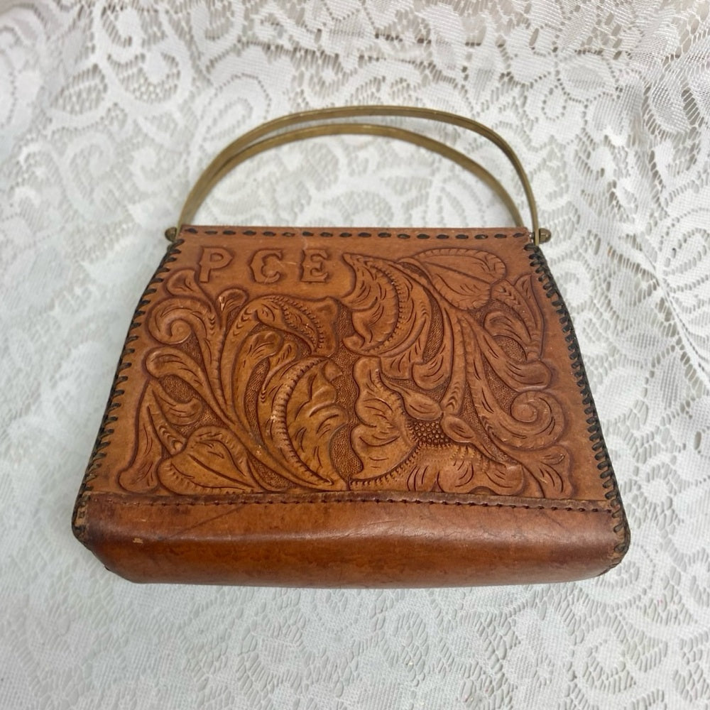 Vintage, PCE Genuine Brown FloralTooled Leather  Handbag 10in x 7in x 3in